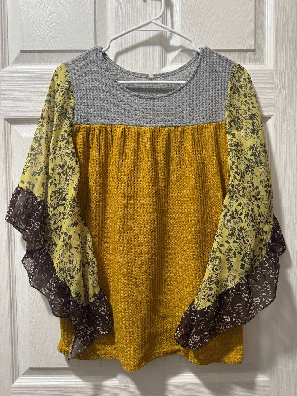 Women's Mustard Waffle Knit Top with Floral Ruffle Sleeves
